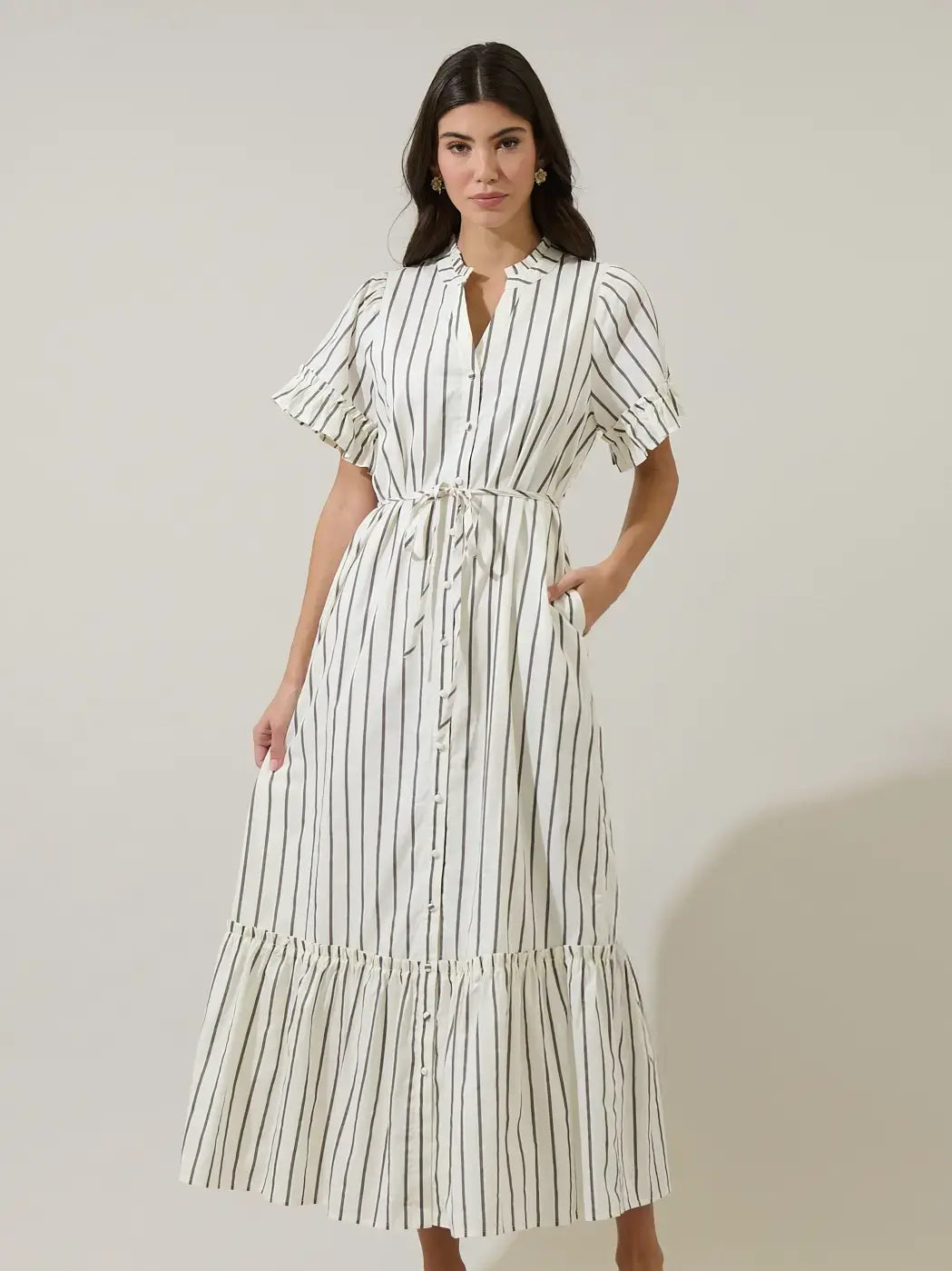 ALIYA STRIPED BUTTON UP MIDI DRESS