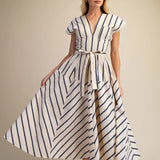 SSLV VNECK STRIPED MIDI