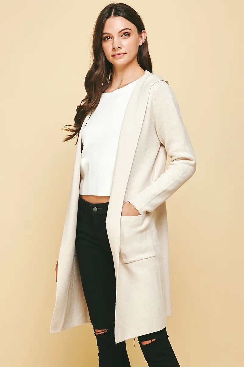 HOODED OPEN KNIT CARDIGAN