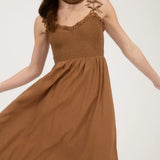 BOW STRAP SMOCKED MIDI DRESS