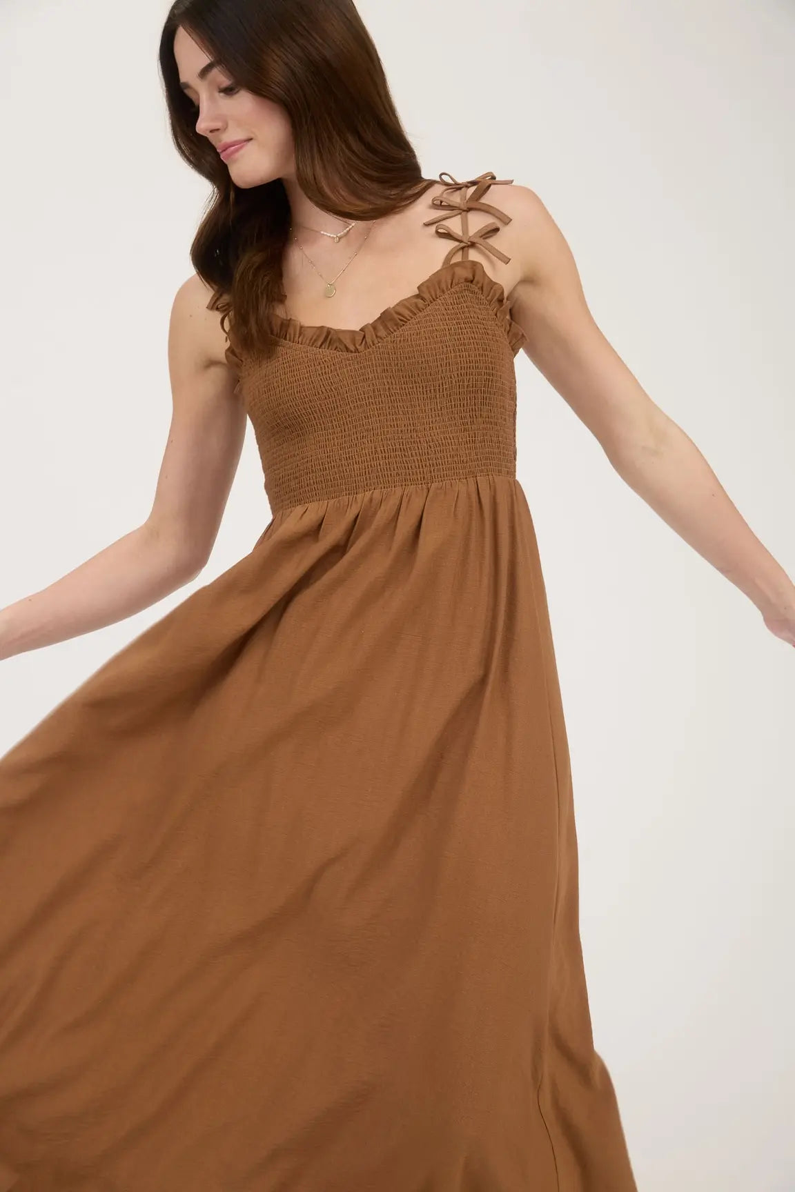 BOW STRAP SMOCKED MIDI DRESS