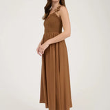 BOW STRAP SMOCKED MIDI DRESS