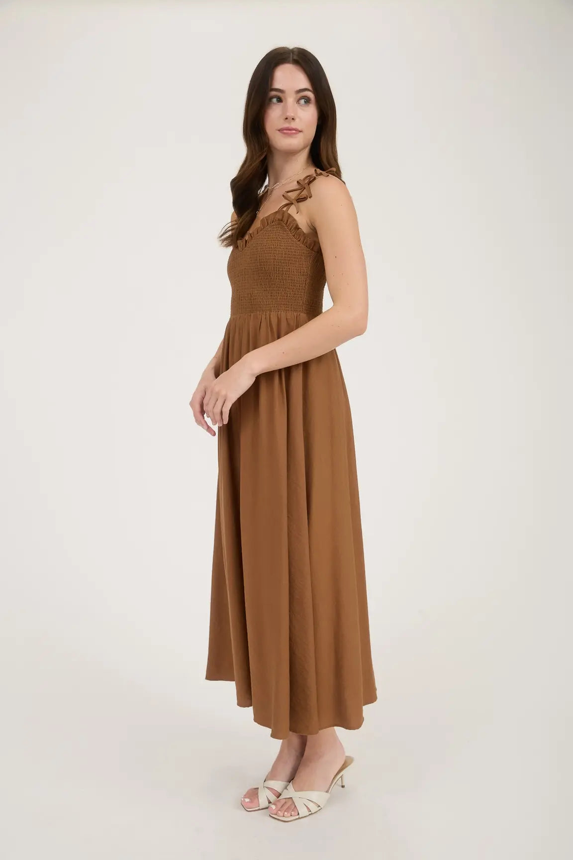 BOW STRAP SMOCKED MIDI DRESS
