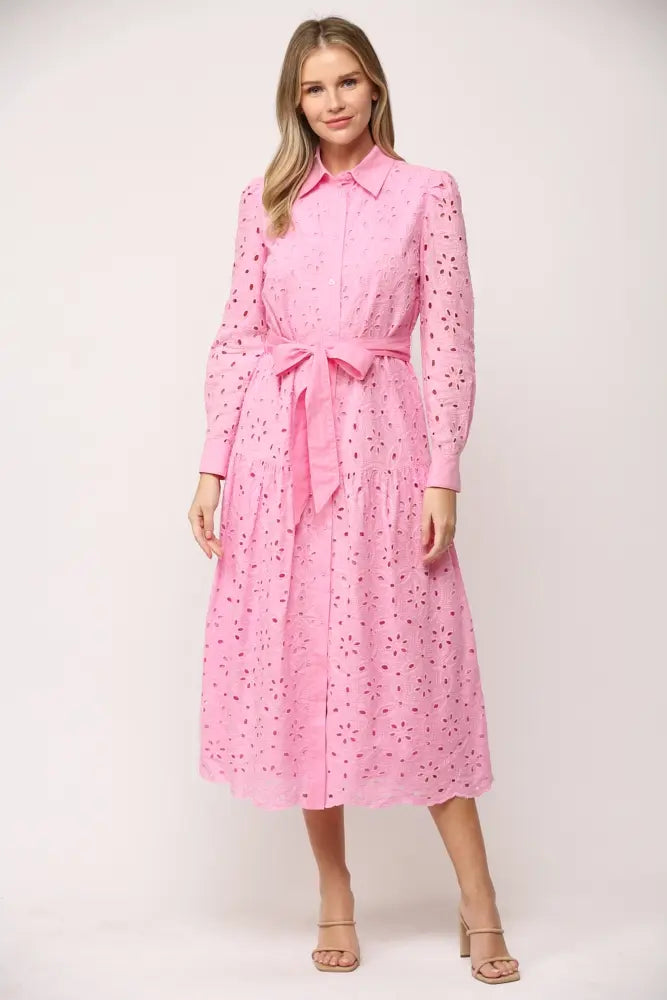 LAYTON BELTED BUTTON DOWN LACE MIDI DRESS