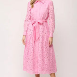 LAYTON BELTED BUTTON DOWN LACE MIDI DRESS