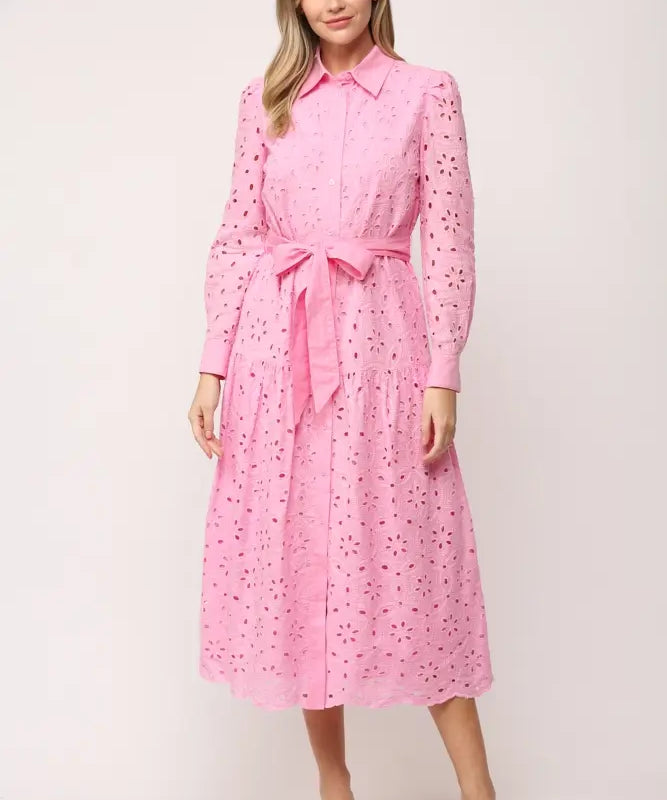 LAYTON BELTED BUTTON DOWN LACE MIDI DRESS