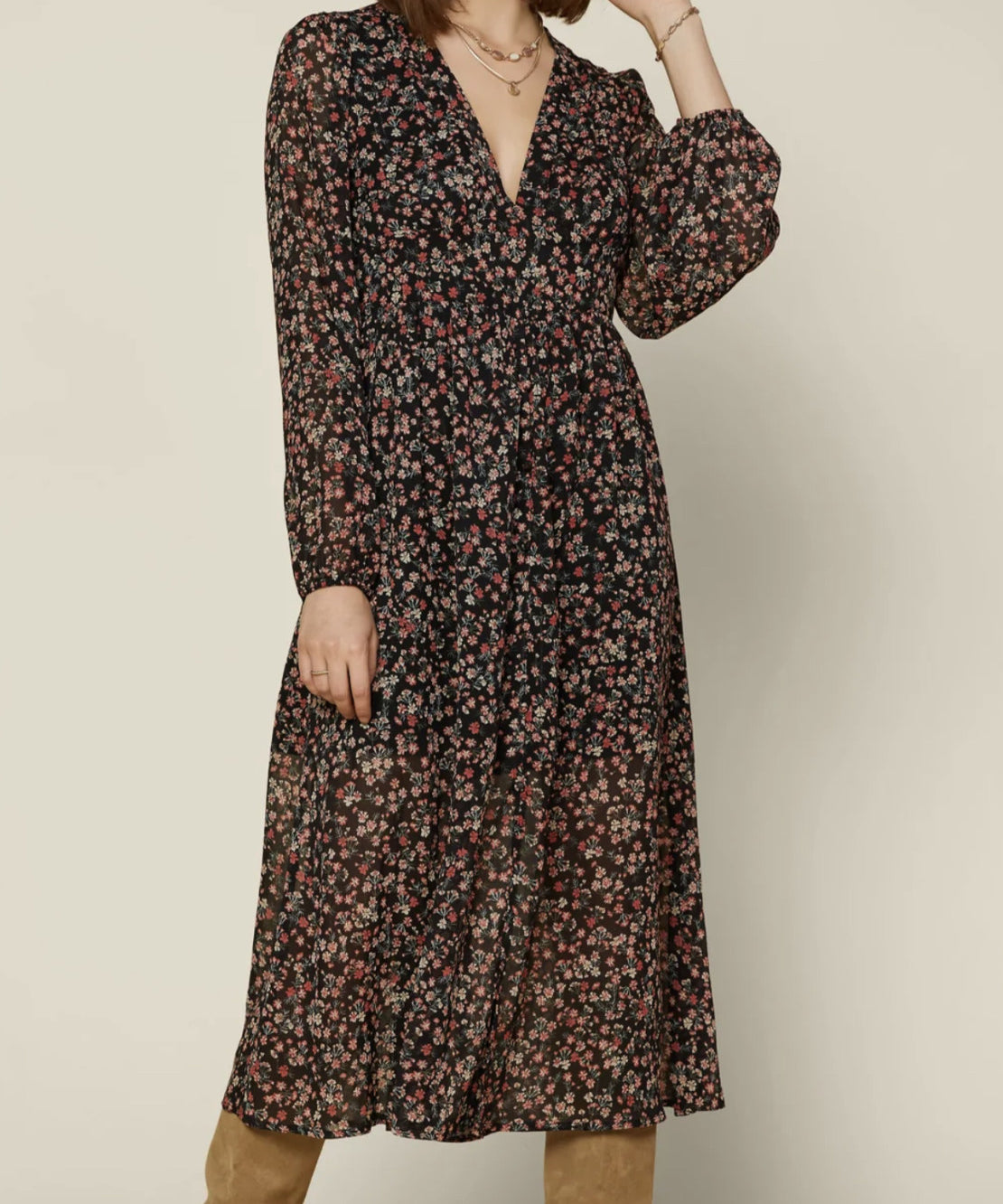 FLORAL V NECK PRINT MIDI DRESS