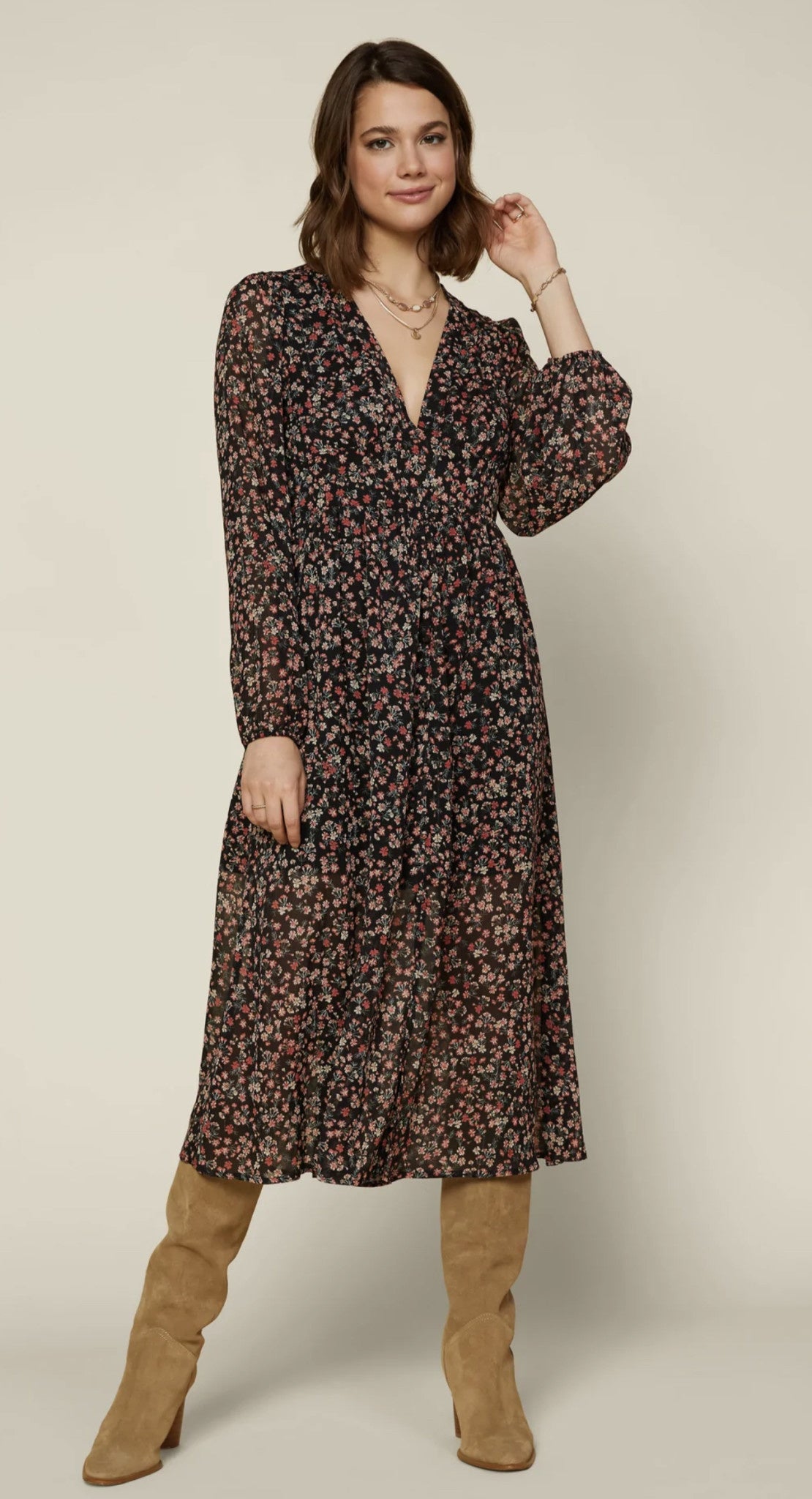 FLORAL V NECK PRINT MIDI DRESS