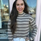 PEARL JEWELED SHOULDER STRIPED SWEATER