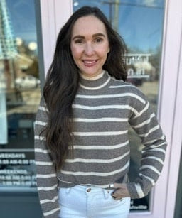PEARL JEWELED SHOULDER STRIPED SWEATER