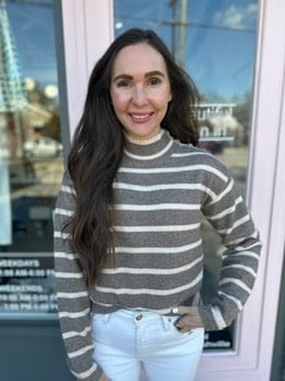 PEARL JEWELED SHOULDER STRIPED SWEATER