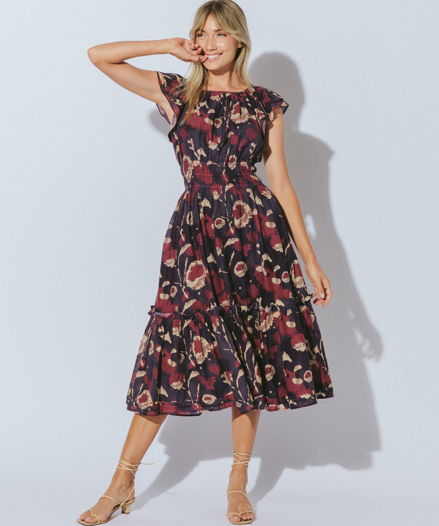 FLUTTER SLV FLORAL MIDI DRESS
