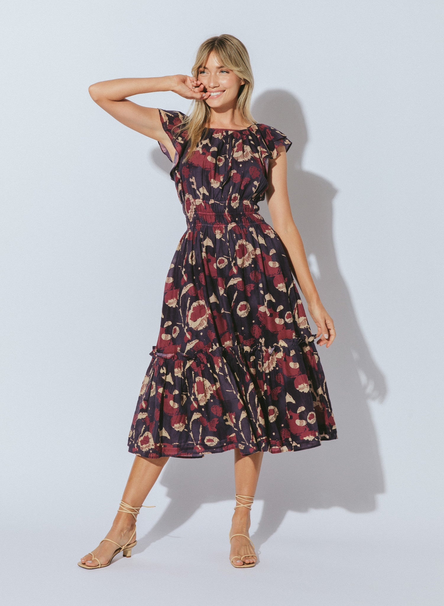 FLUTTER SLV FLORAL MIDI DRESS