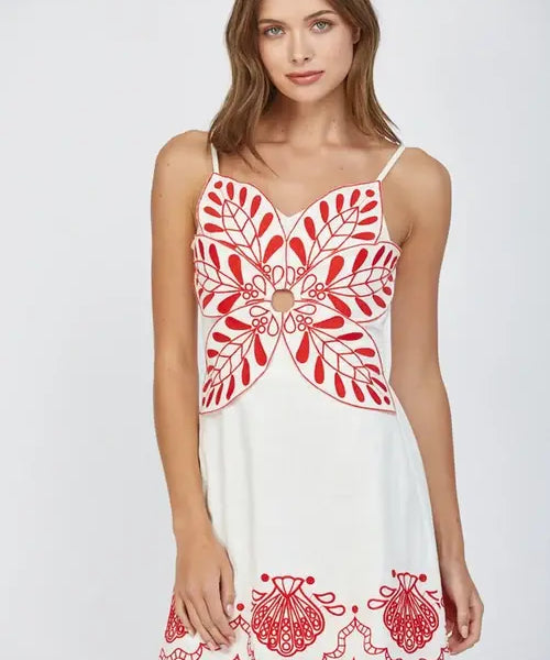 EMBROIDERED FLOWER MOTIF MINI DRESS