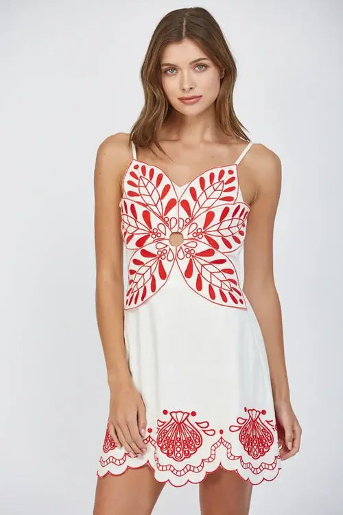 EMBROIDERED FLOWER MOTIF MINI DRESS