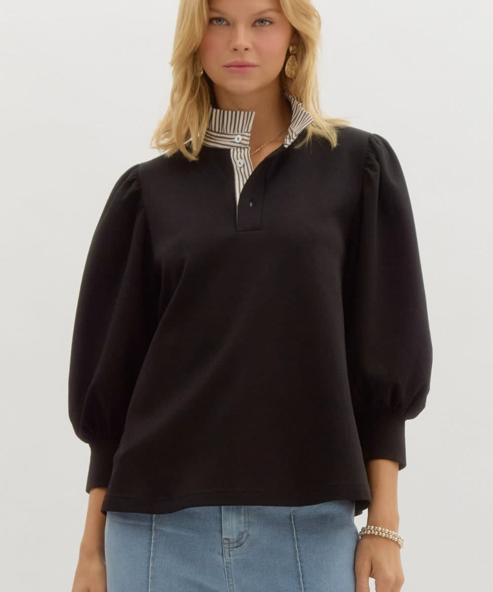 KNIT TOP WITH RUFFLE STRIPED COLLAR