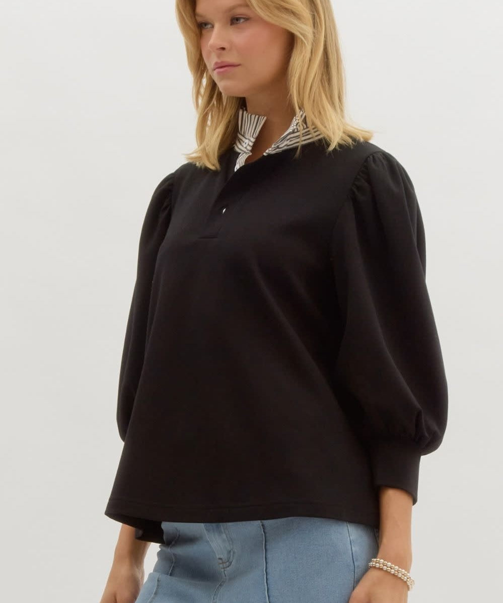 KNIT TOP WITH RUFFLE STRIPED COLLAR