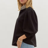 KNIT TOP WITH RUFFLE STRIPED COLLAR
