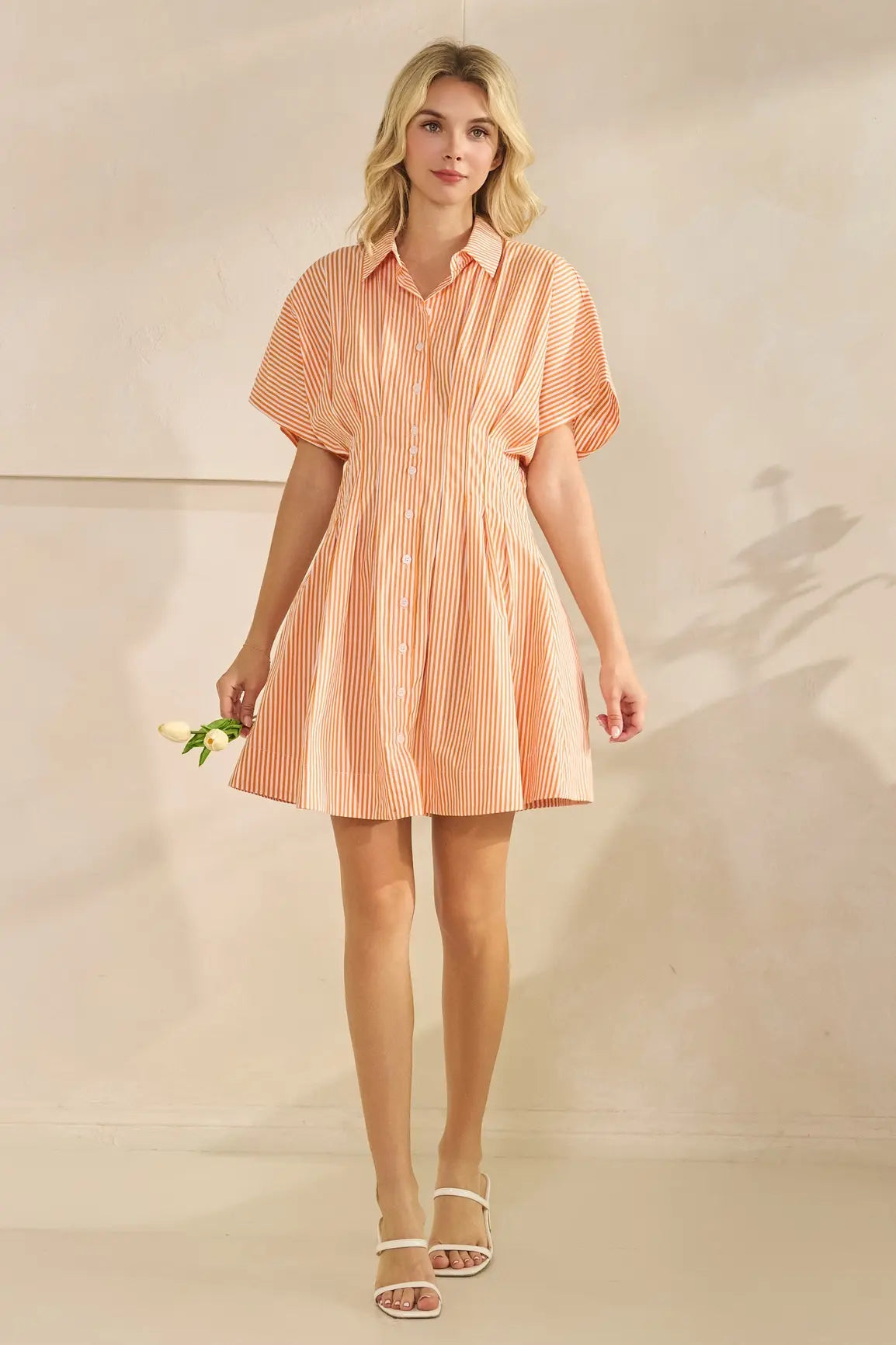 SSLV PLEATED STRIPE MINI SHIRT DRESS