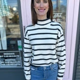 PEARL JEWELED SHOULDER STRIPED SWEATER