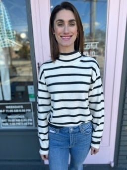 PEARL JEWELED SHOULDER STRIPED SWEATER
