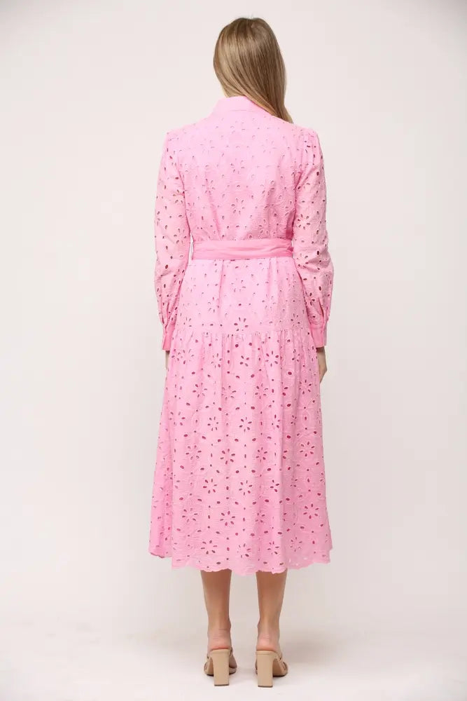 LAYTON BELTED BUTTON DOWN LACE MIDI DRESS