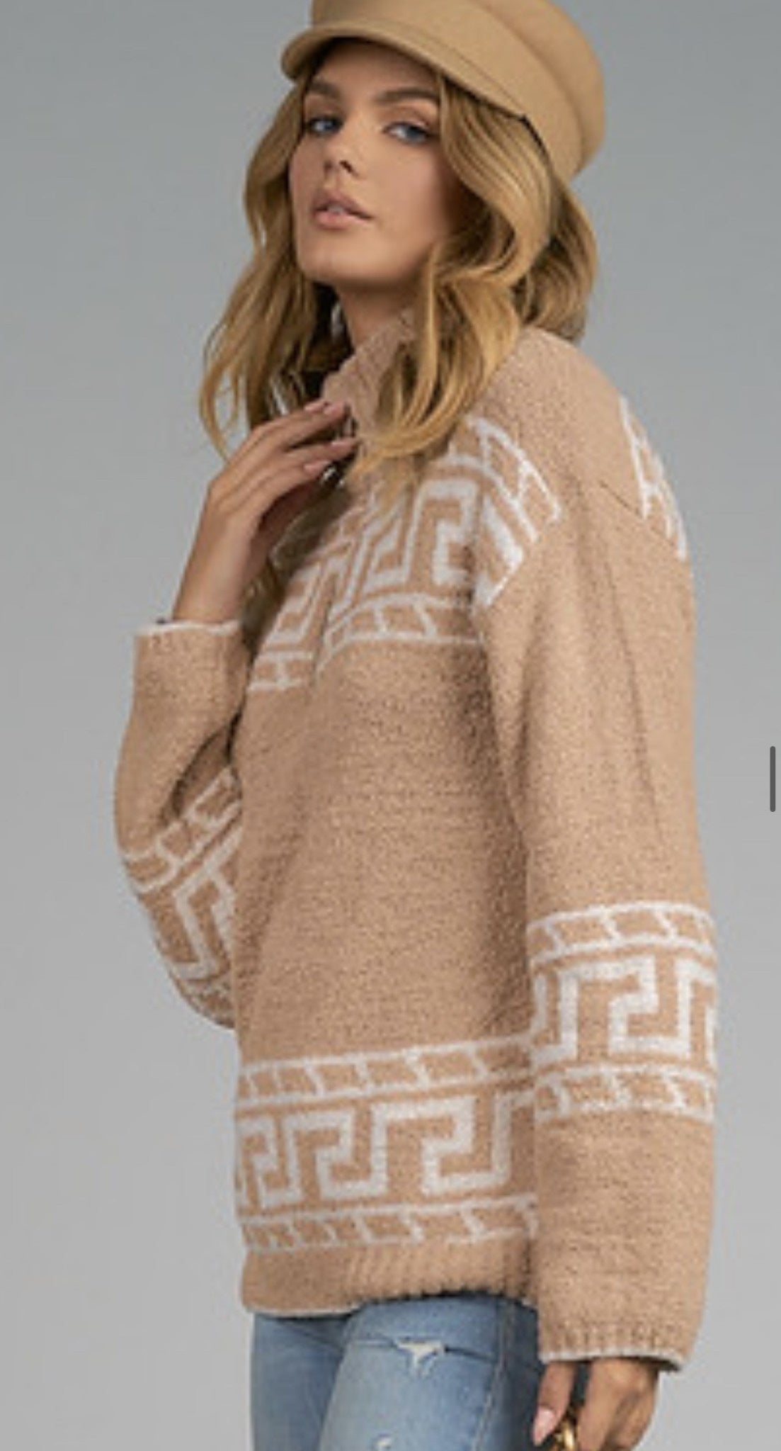 PRINTED  HALF ZIP SWEATER