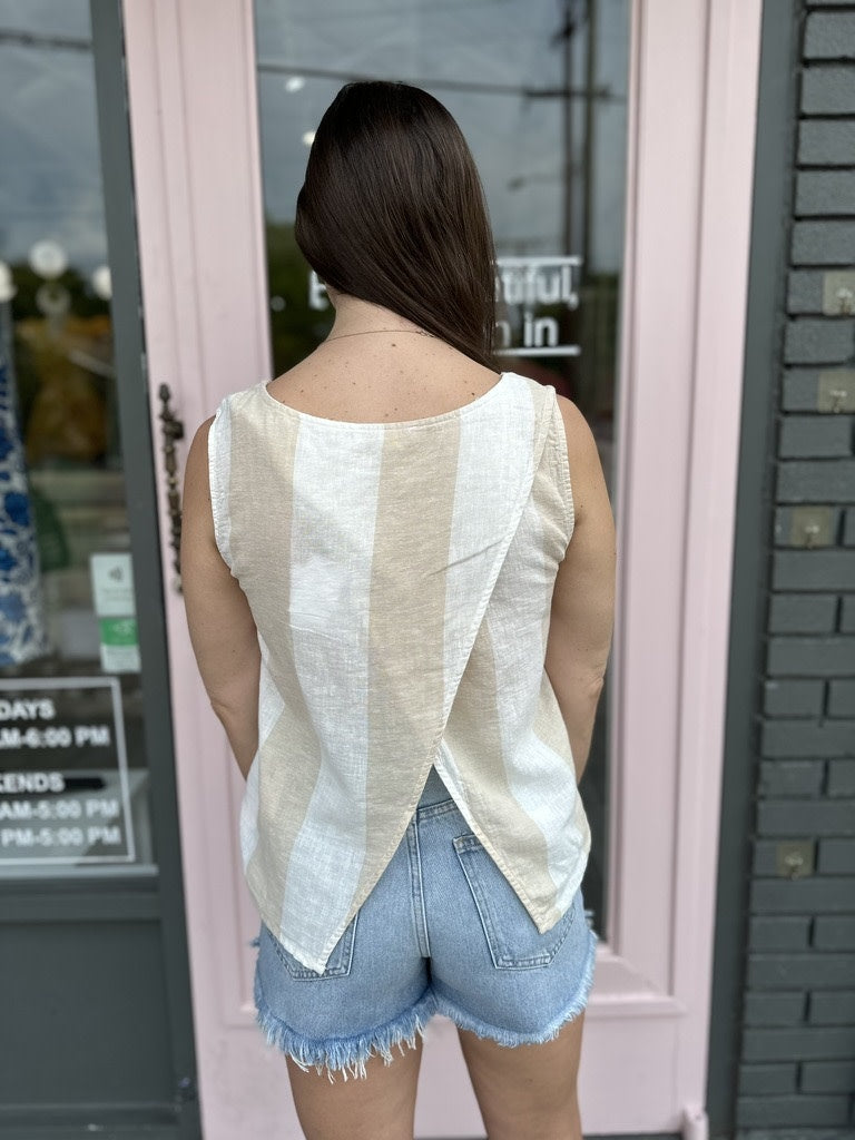 KELIS WIDE STRIPED SLVLESS LINEN TOP