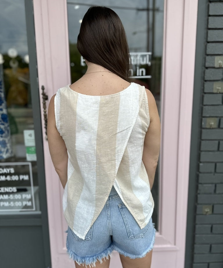 KELIS WIDE STRIPED SLVLESS LINEN TOP