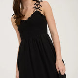 BOW STRAP SMOCKED MIDI DRESS