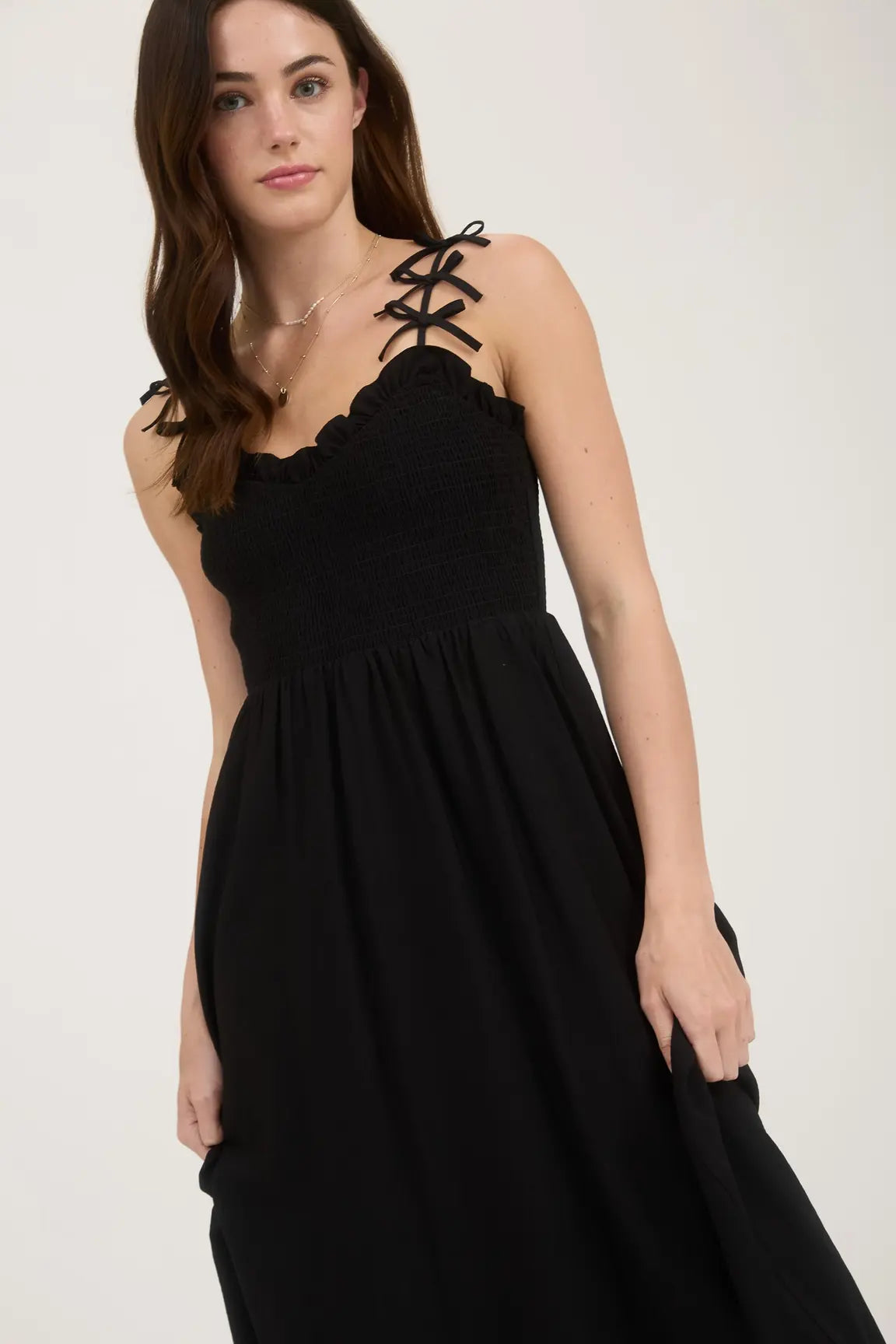 BOW STRAP SMOCKED MIDI DRESS