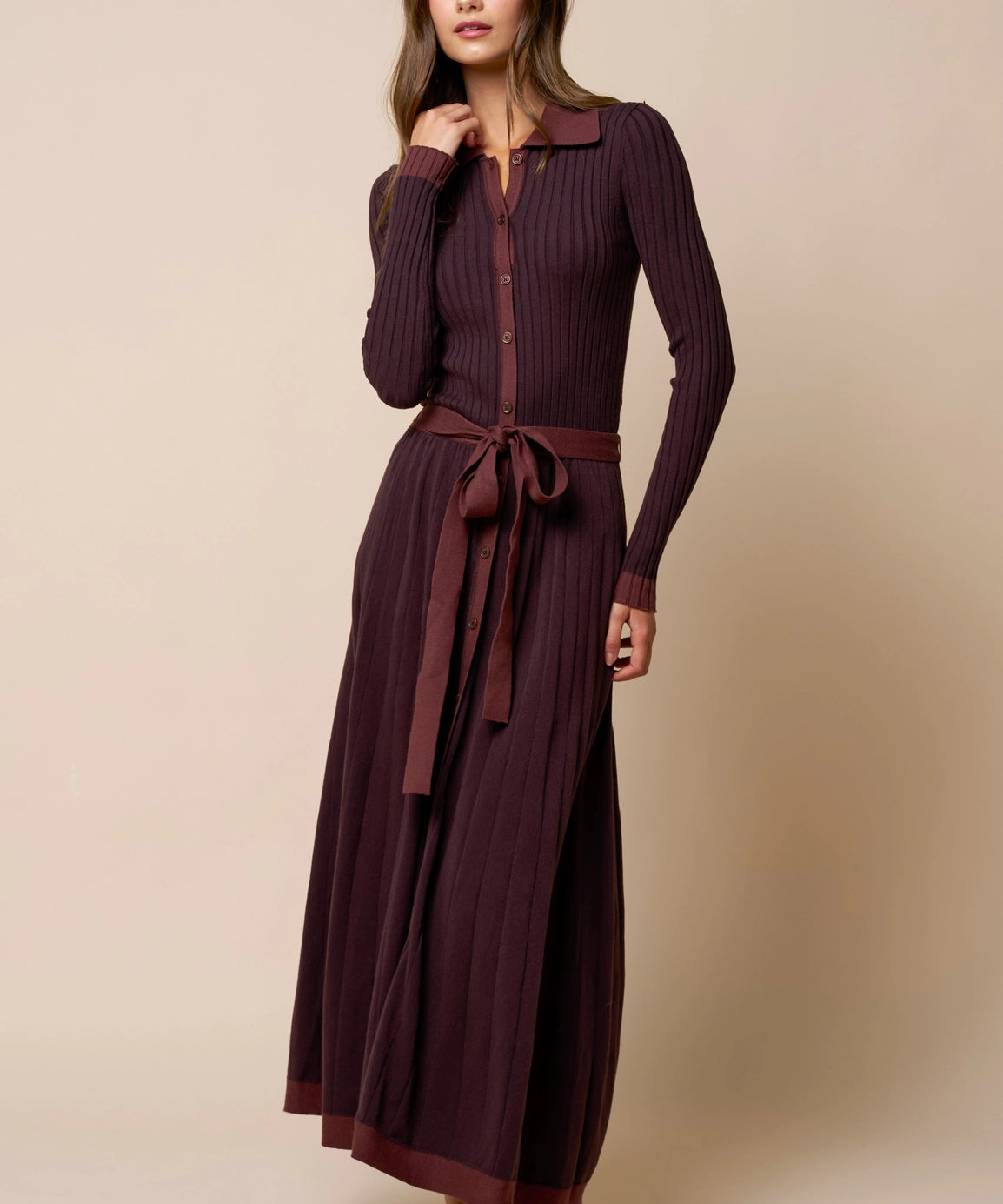 Brown Ribbed Belted Midi Dress