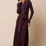 Brown Ribbed Belted Midi Dress