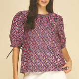 GEOMETRIC PRINT PUFF SLEEVE BLOUSE