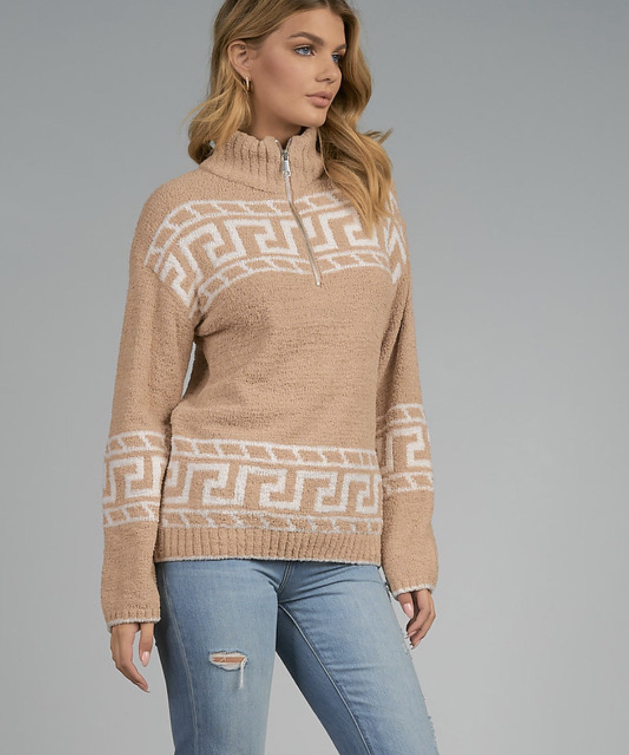 PRINTED  HALF ZIP SWEATER