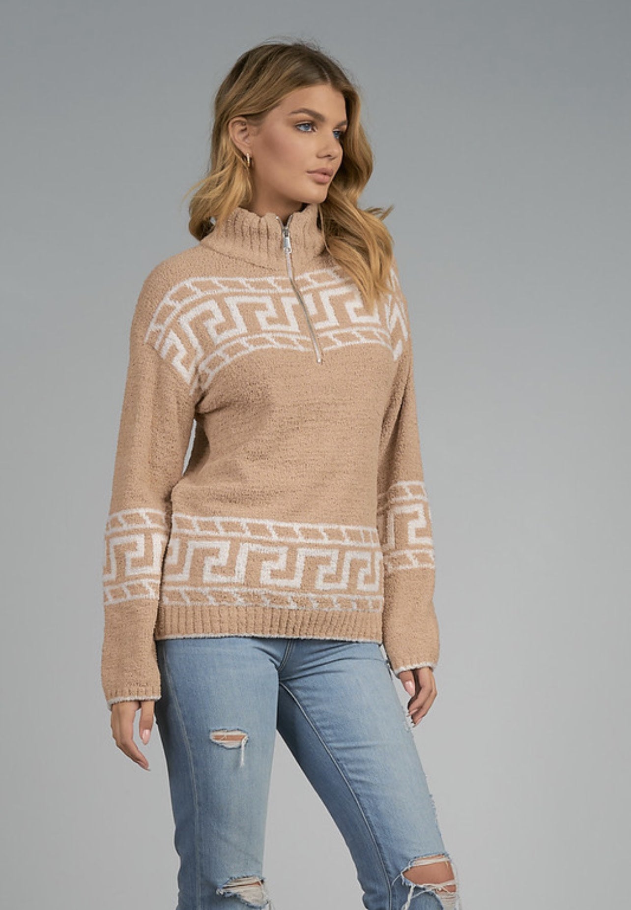 PRINTED  HALF ZIP SWEATER