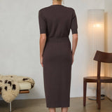 Ribbed Short Sleeve Midi Dress with Gold Buttons