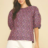 GEOMETRIC PRINT PUFF SLEEVE BLOUSE