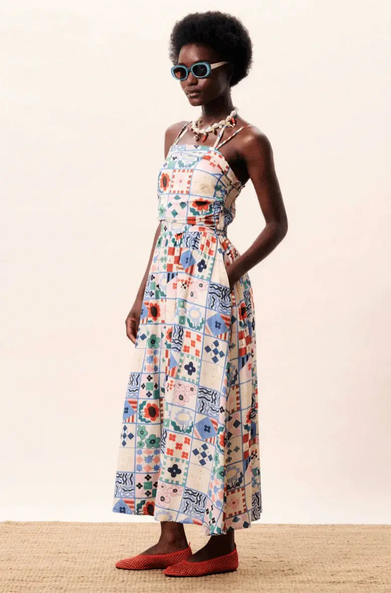 PATCHWORK PRINT MIDI SUNDRESS