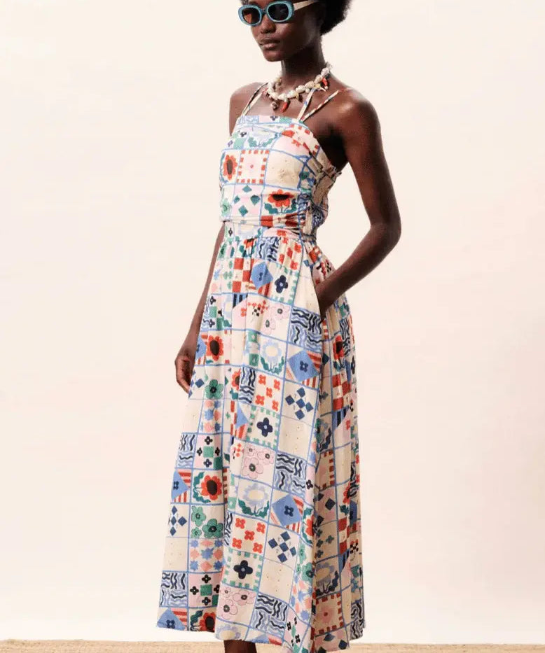 PATCHWORK PRINT MIDI SUNDRESS