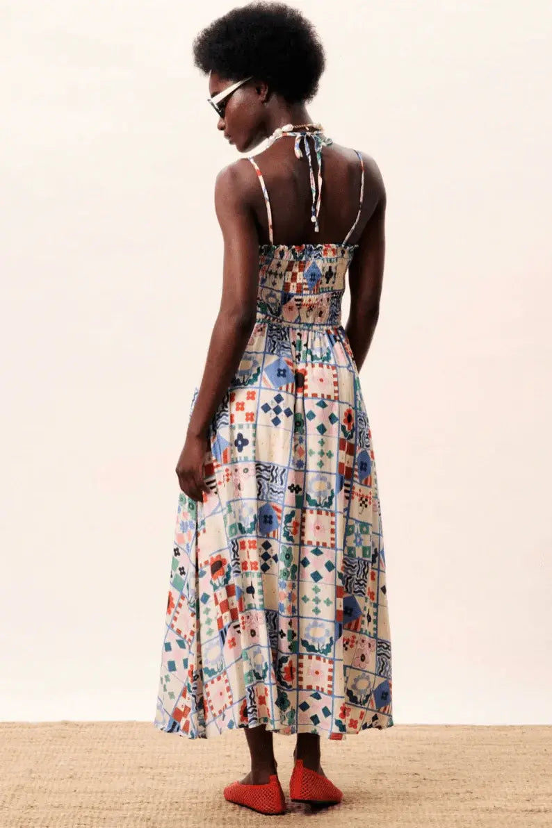 PATCHWORK PRINT MIDI SUNDRESS