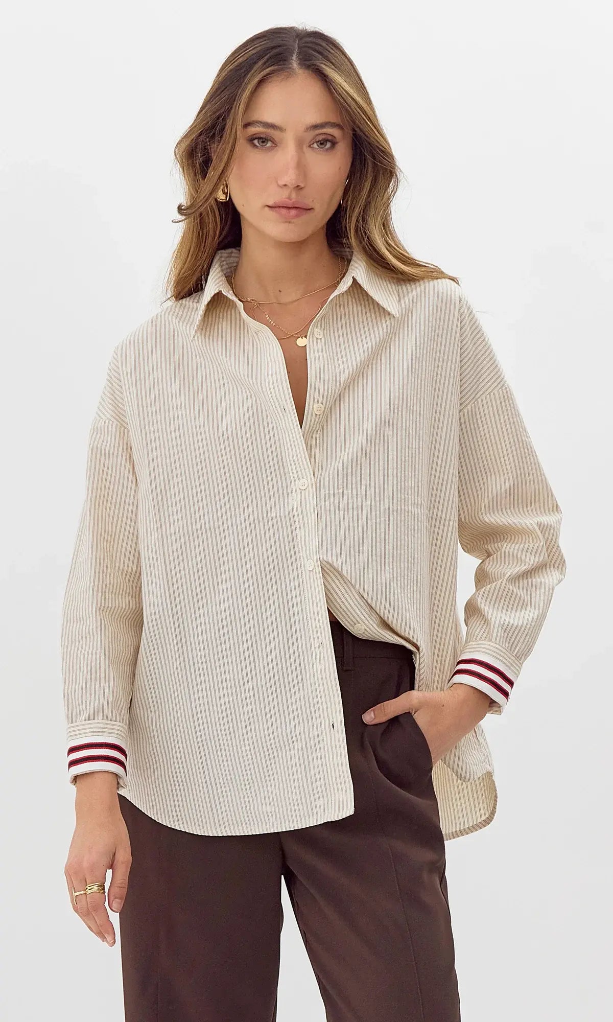STRIPED BUTTON DOWN W/SLEEVE DETAIL