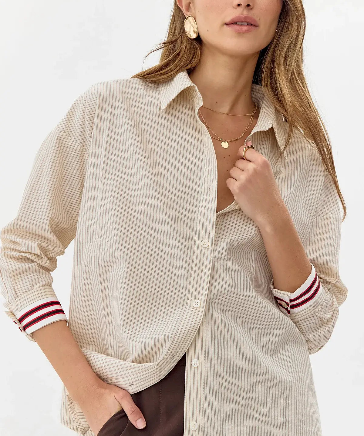 STRIPED BUTTON DOWN W/SLEEVE DETAIL