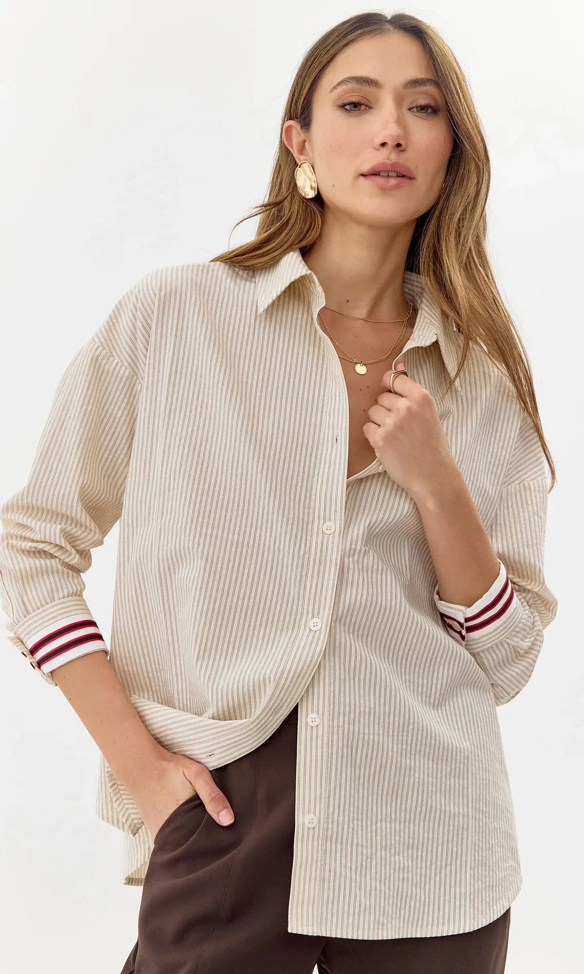 STRIPED BUTTON DOWN W/SLEEVE DETAIL