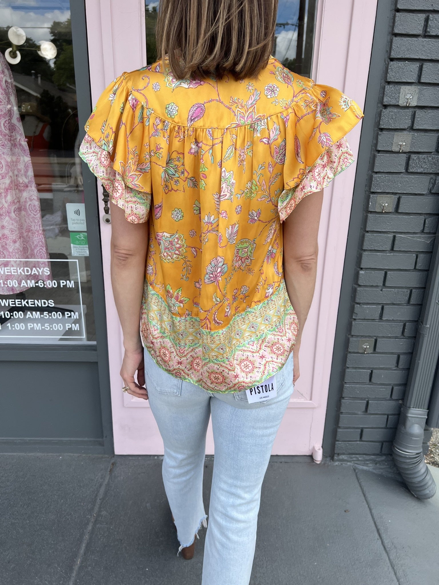 BORDER PRINT FLUTTER SLEEVE BLOUSE