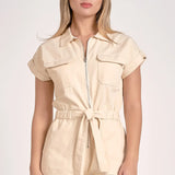 SSLV ZIPPER FRONT ELASTIC WAIST ROMPER