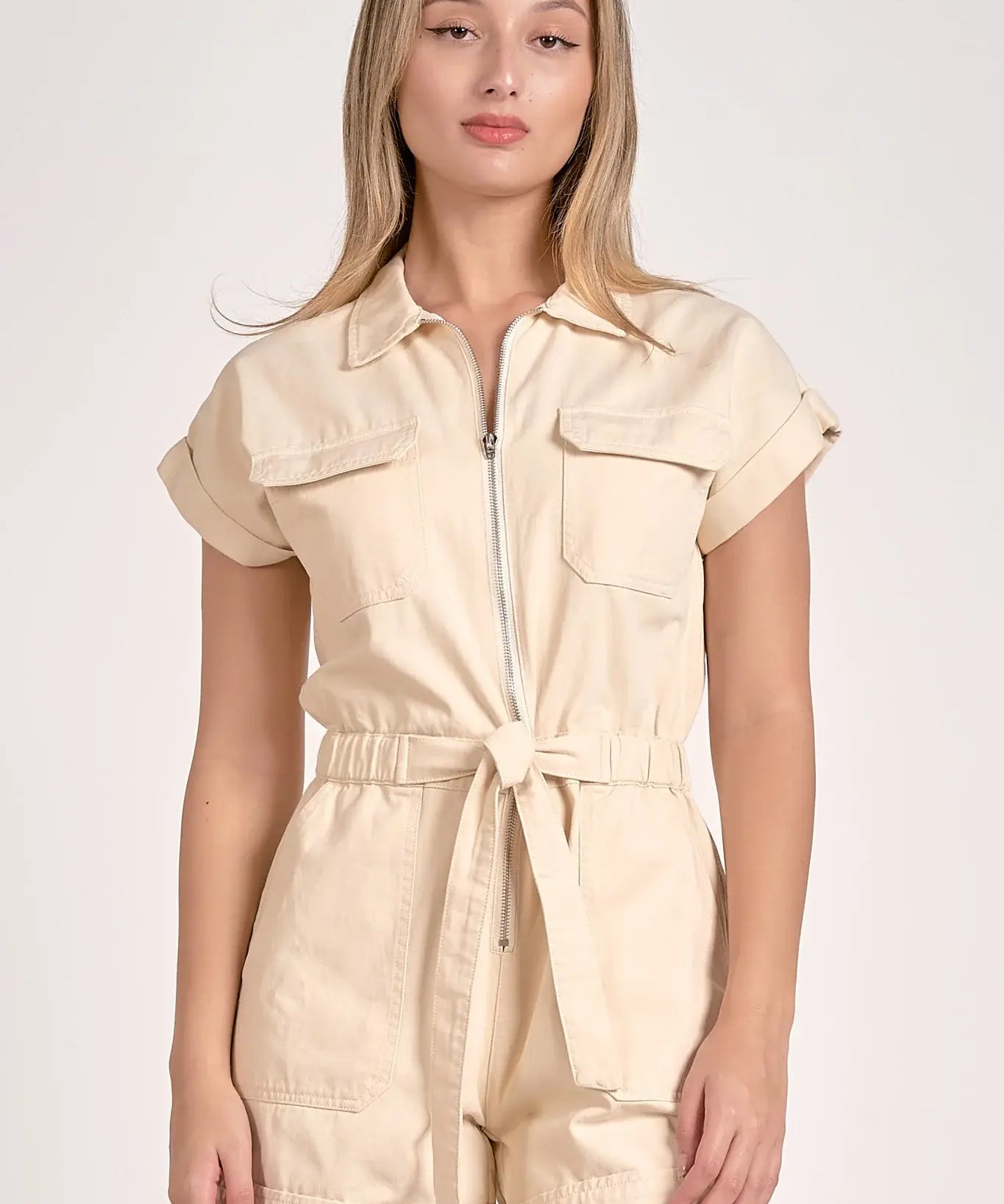 SSLV ZIPPER FRONT ELASTIC WAIST ROMPER