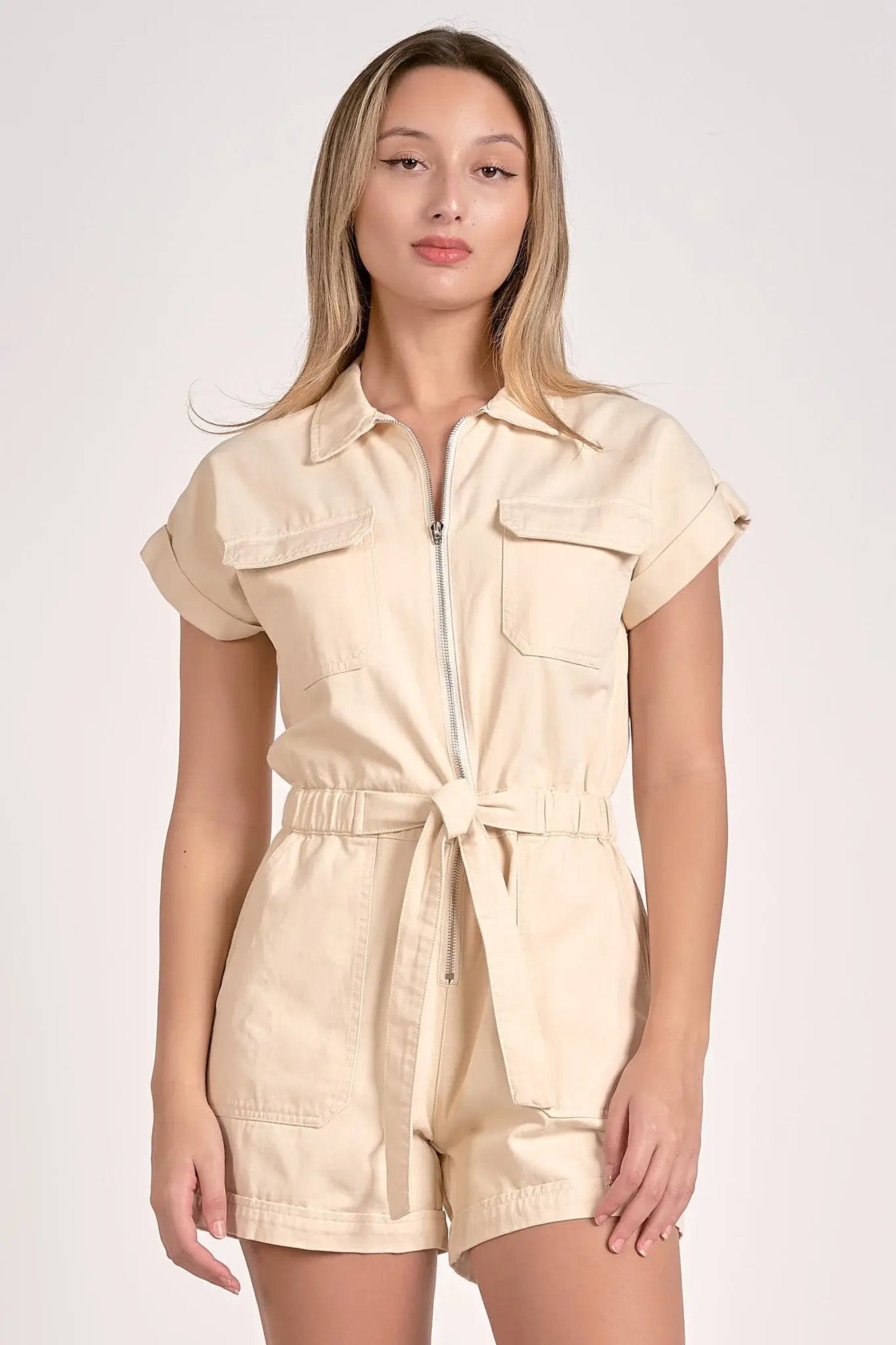 SSLV ZIPPER FRONT ELASTIC WAIST ROMPER