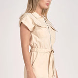 SSLV ZIPPER FRONT ELASTIC WAIST ROMPER