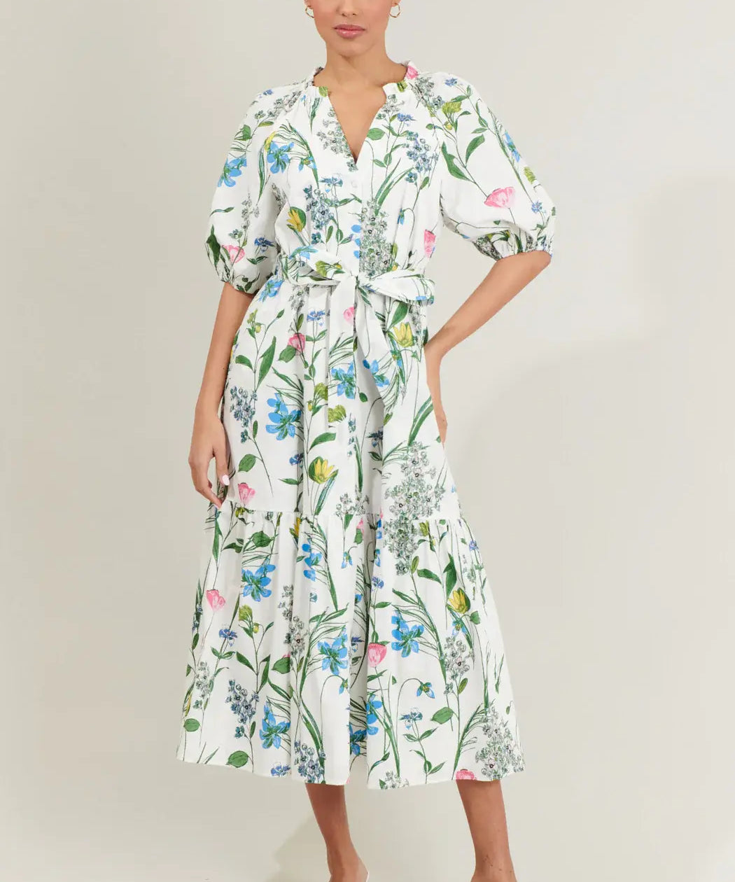 GARDEN FLORAL TIERED MIDI W/BELT